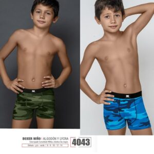 ART.BK604043 BOXER DE NIÑO ALGODON Y LYCRA CAMUFLADO ELASTICO NEGRO LISO