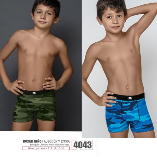 ART.BK604043 BOXER DE NIÑO ALGODON Y LYCRA CAMUFLADO ELASTICO NEGRO LISO